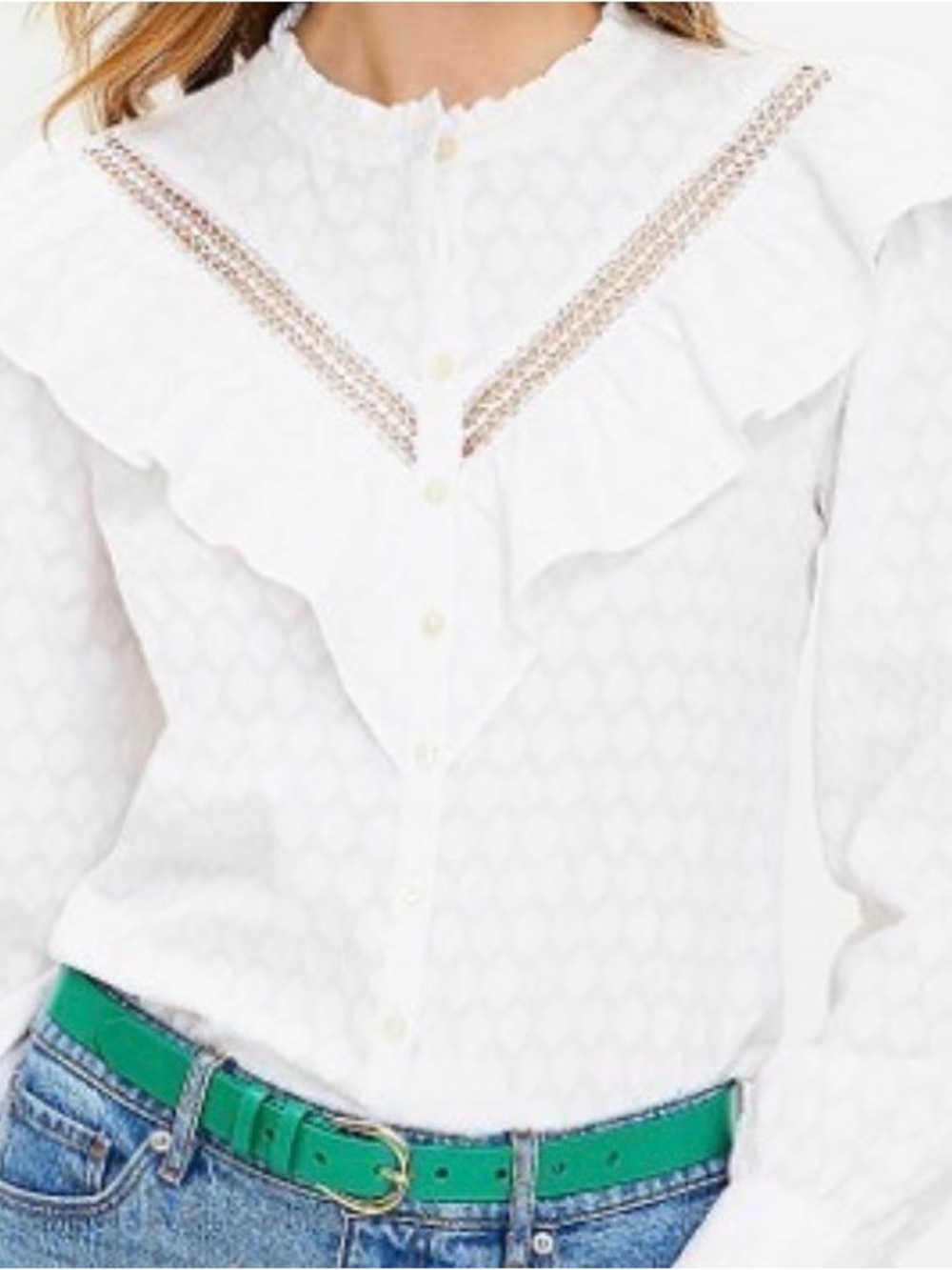 LOFT White Ruffled Lace-Trim Button-Down Blouse